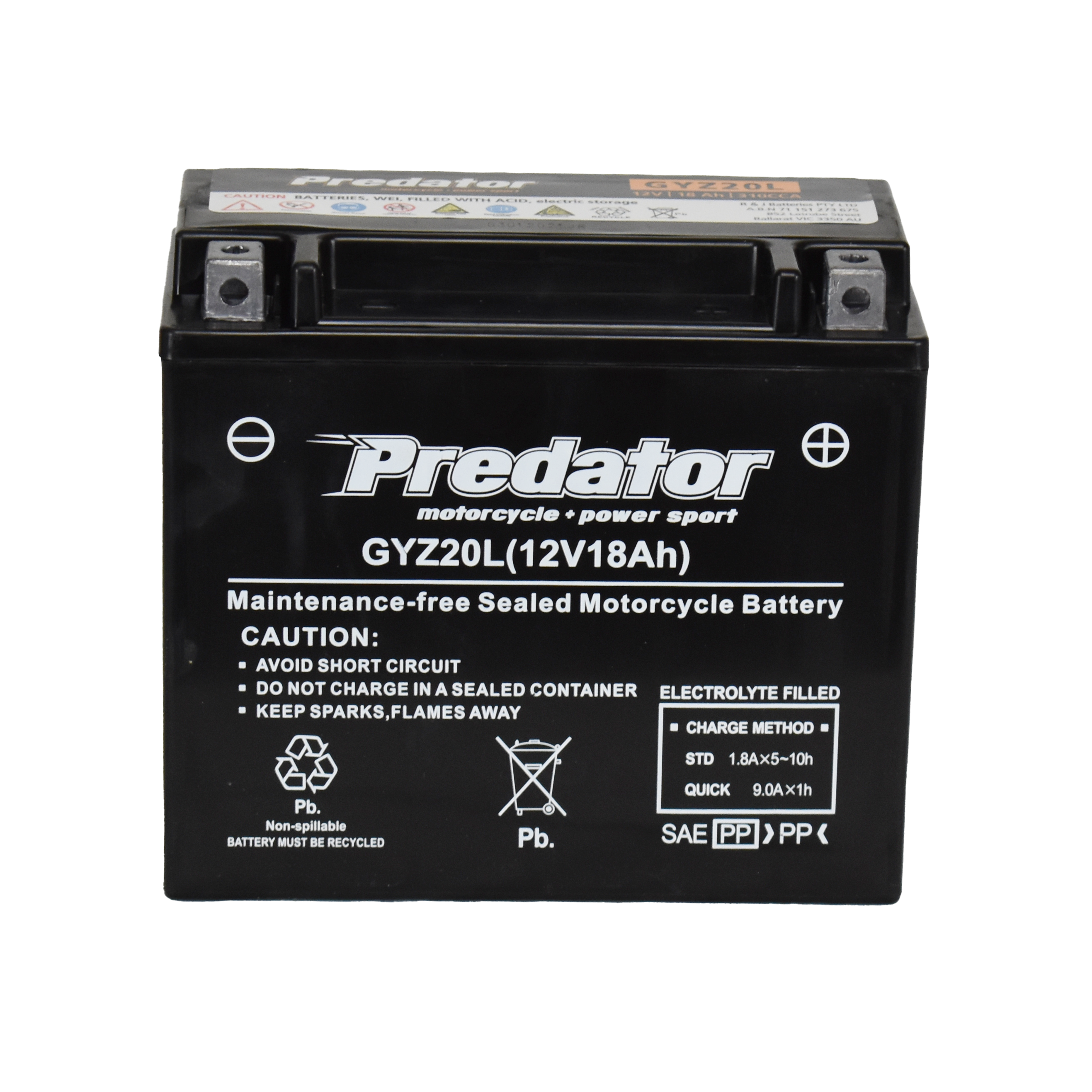 GYZ20L 12V Sealed Predator Motorcycle Battery