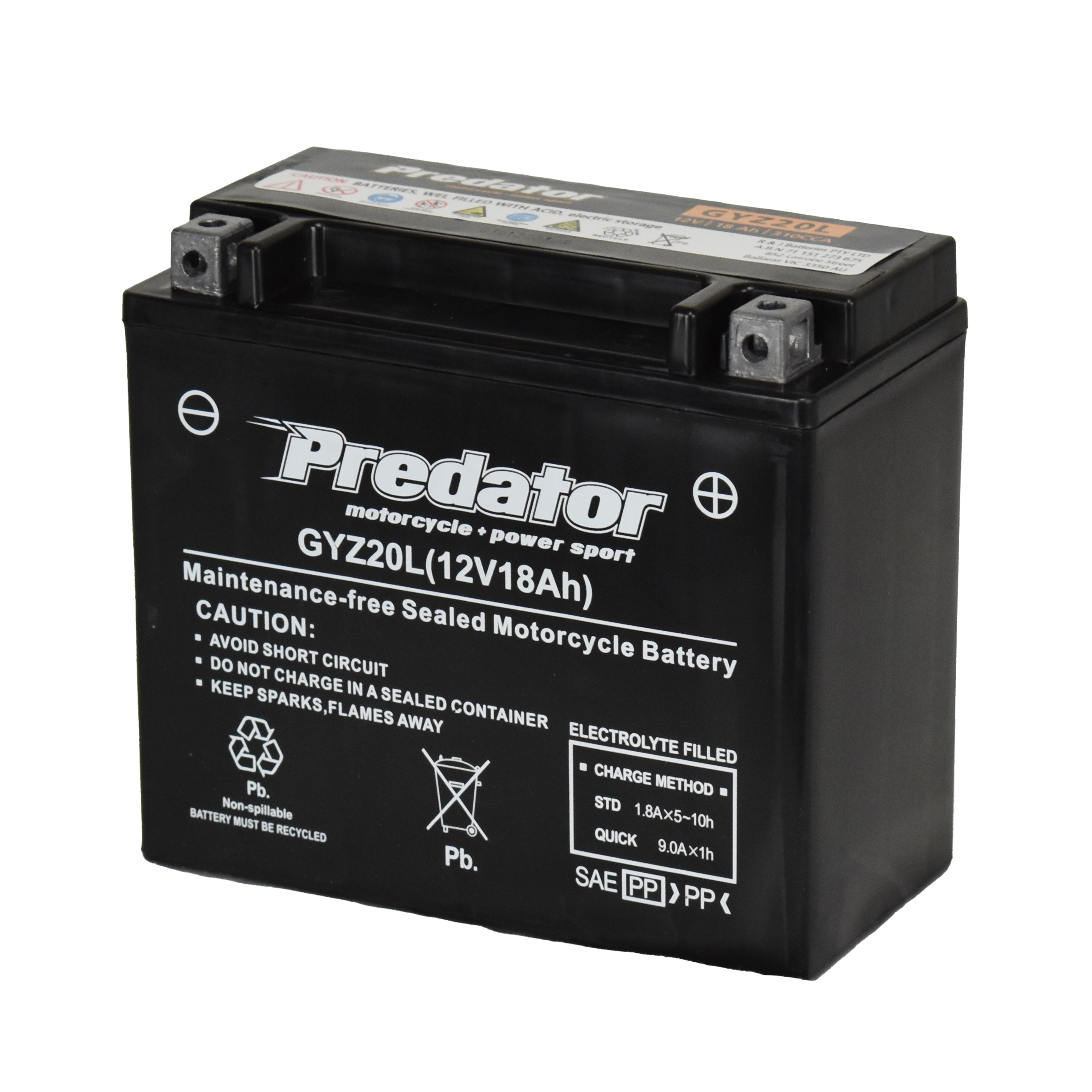 GYZ20L 12V Sealed Predator Motorcycle Battery